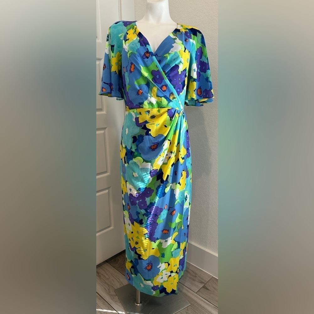 Maggy London Blue and Yellow Floral Midi Dress